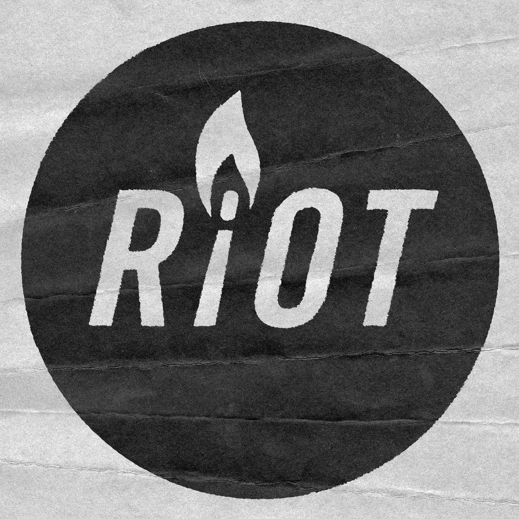 RIOT logo with matchstick flame inside black circle