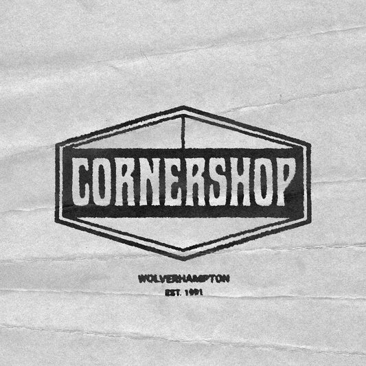 Vintage-style Cornershop logo on aged paper background