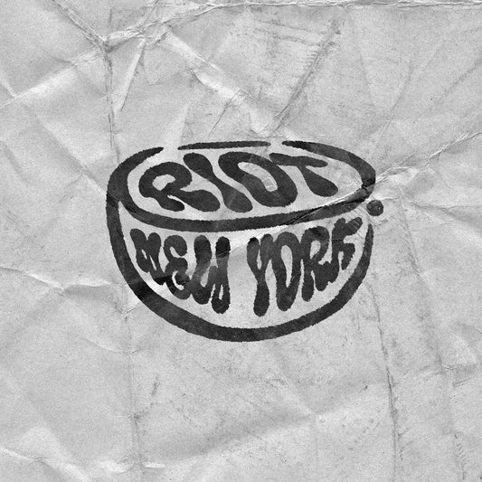 RIOT New York warped text in ramen bowl shape on crumpled paper