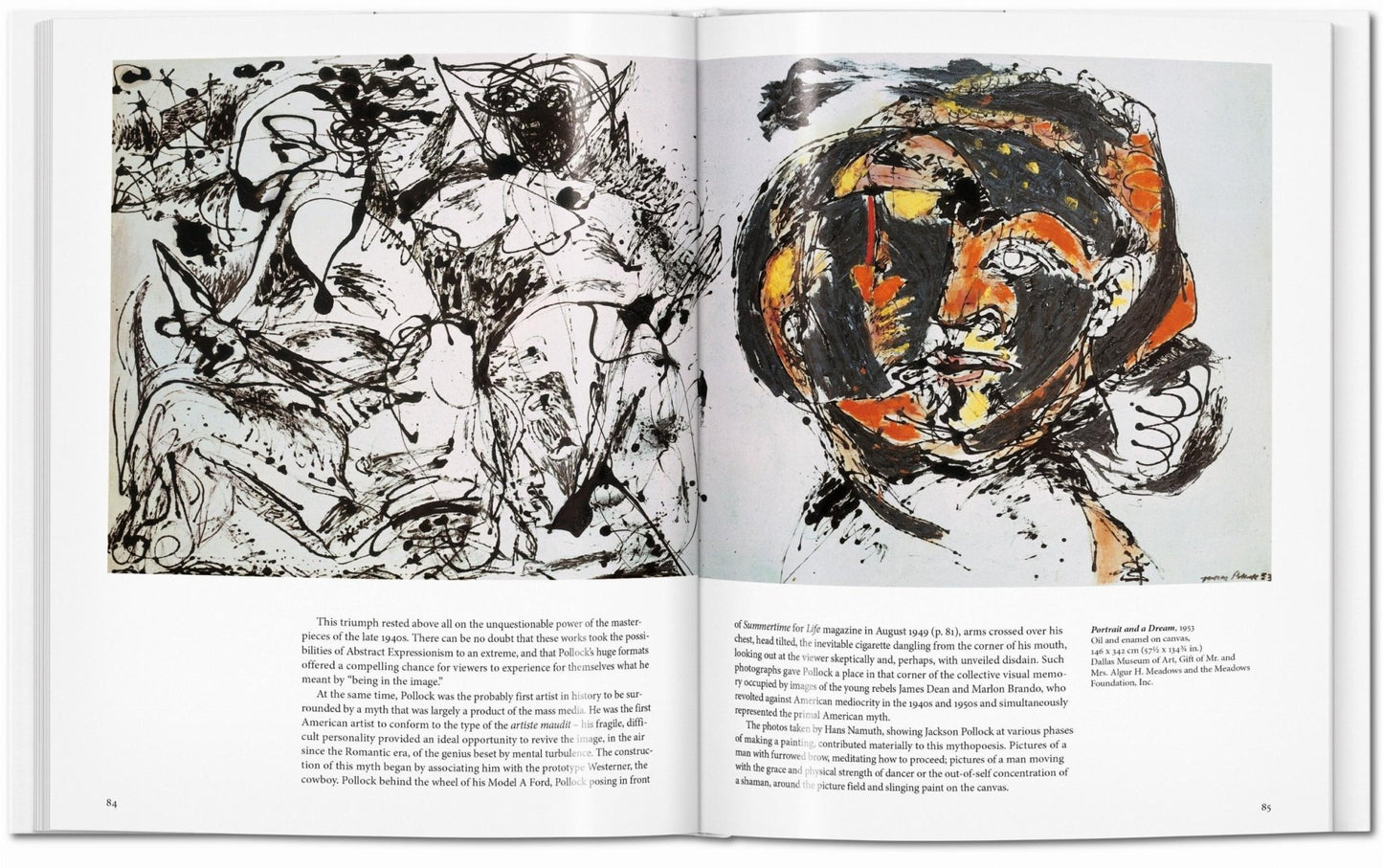 Interior spread from the Jackson Pollock TASCHEN book with expressive black ink drawings and portrait study