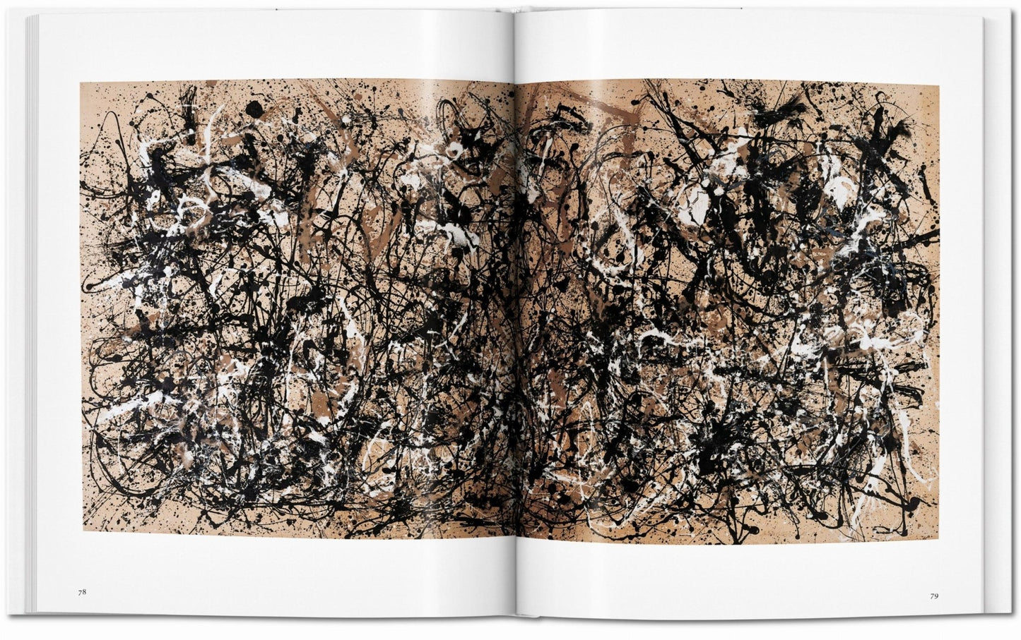 Interior spread from the Jackson Pollock TASCHEN book showing a full spread drip painting reproduction