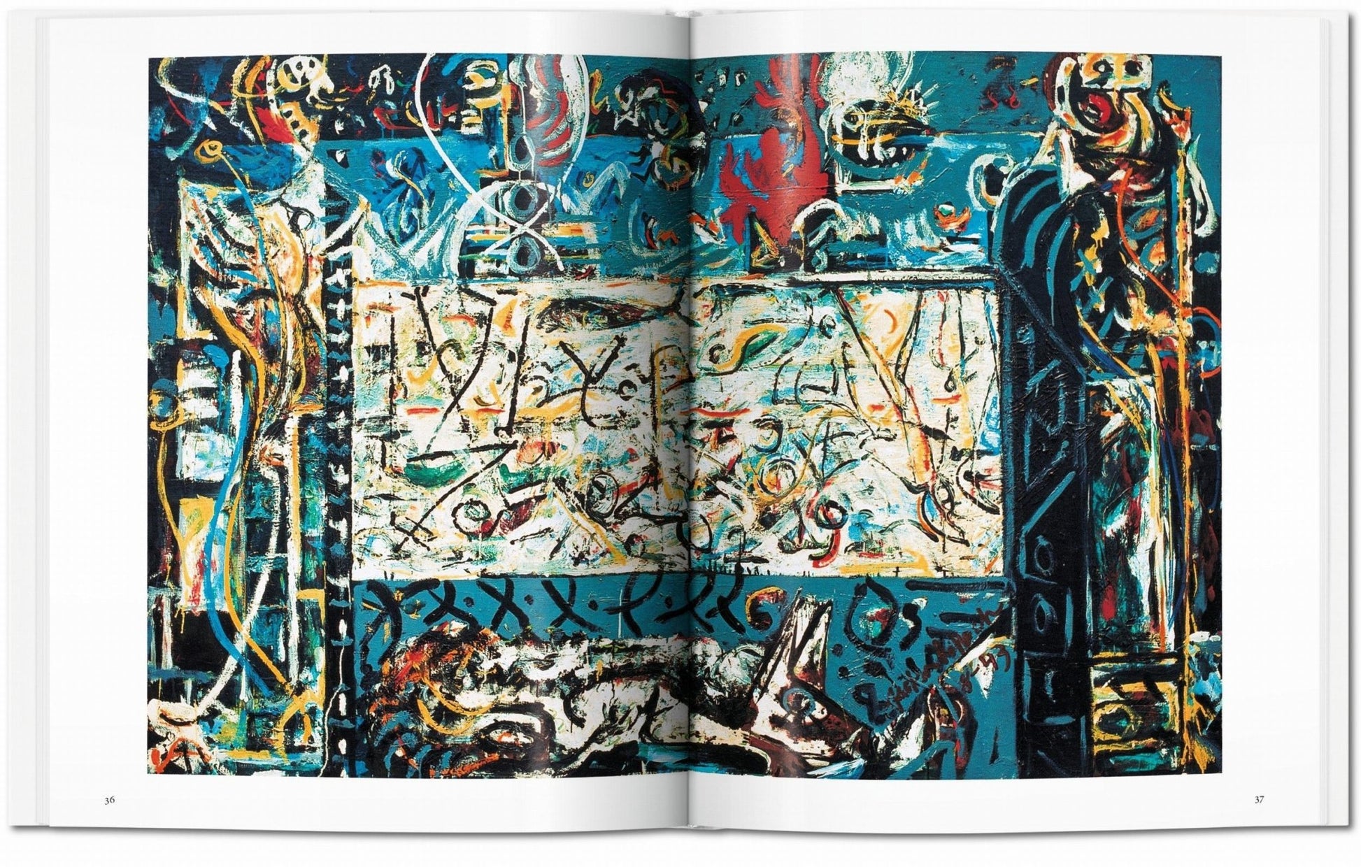 Interior spread from the Jackson Pollock TASCHEN book featuring large-scale abstract painting in blue, white, and black