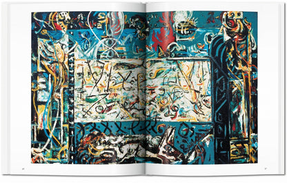 Interior spread from the Jackson Pollock TASCHEN book featuring large-scale abstract painting in blue, white, and black