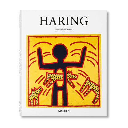 Keith Haring book cover by TASCHEN featuring a bold yellow painting with a black radiant figure and barking dog motifs
