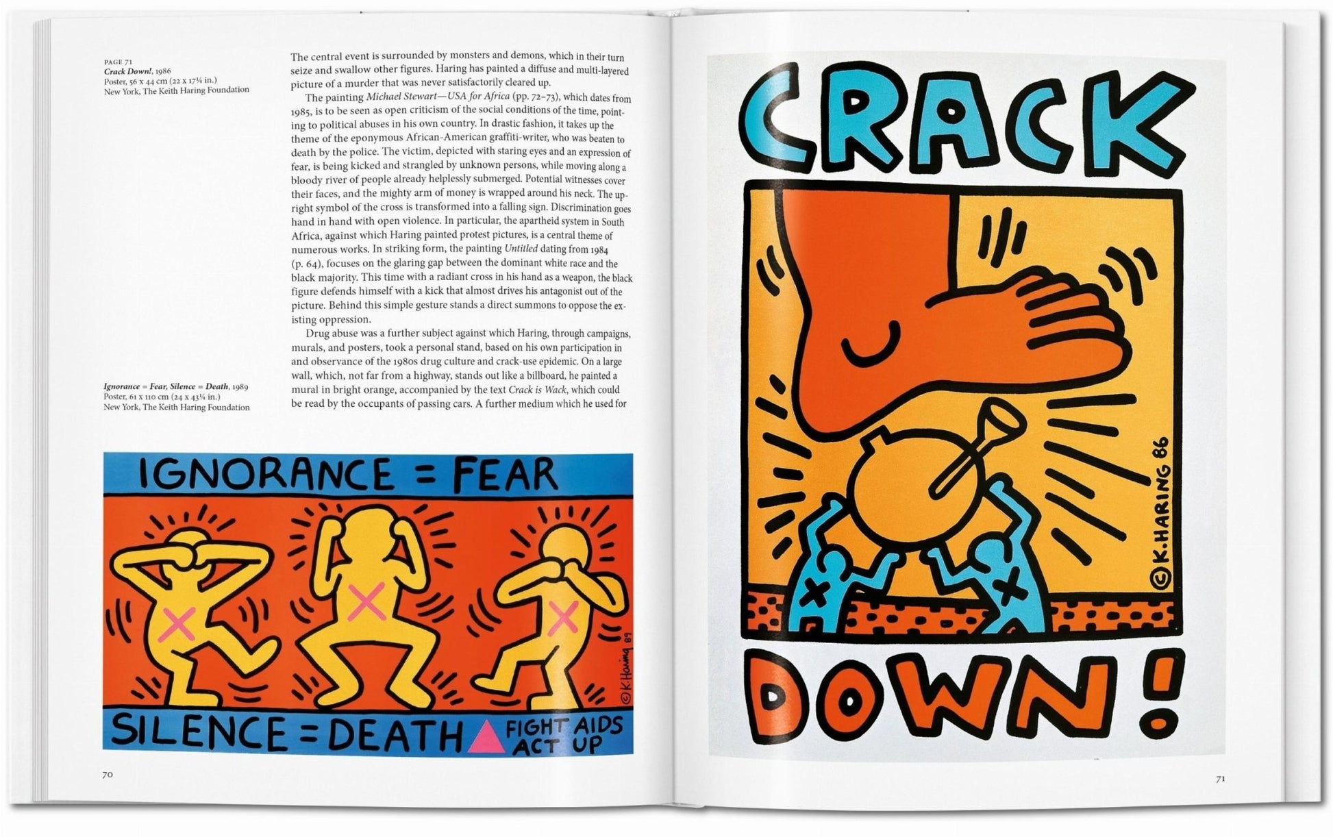 Interior spread from the Keith Haring TASCHEN book featuring Crack Down! 1986 and Ignorance equals Fear Silence equals Death Fight AIDS Act Up, two activist poster works by Keith Haring