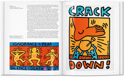Interior spread from the Keith Haring TASCHEN book featuring Crack Down! 1986 and Ignorance equals Fear Silence equals Death Fight AIDS Act Up, two activist poster works by Keith Haring