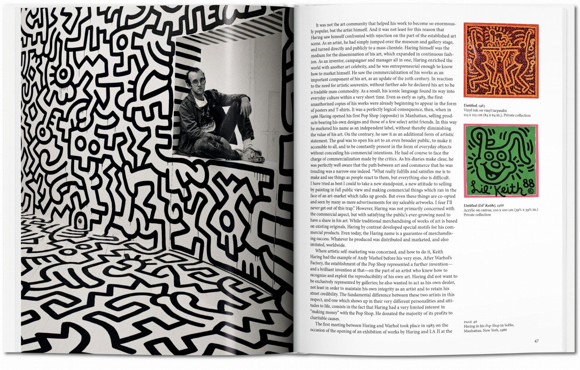 Interior spread from the Keith Haring TASCHEN book showing Haring in his Pop Shop in SoHo, Manhattan, New York, 1986, alongside Untitled 1983 and Untitled Lil Keith 1988 works
Slug: keith-haring-book-pop-shop-soho-untitled-lil-keith-spread