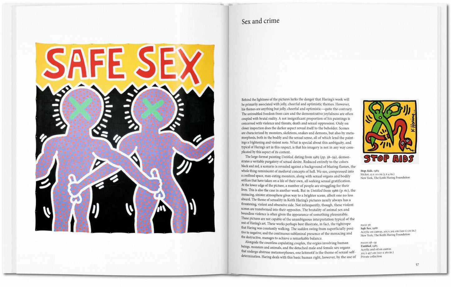 Interior spread from the Keith Haring TASCHEN book featuring Safe Sex 1988 and Stop Aids 1989, with text on sex and crime and Haring’s AIDS activism posters