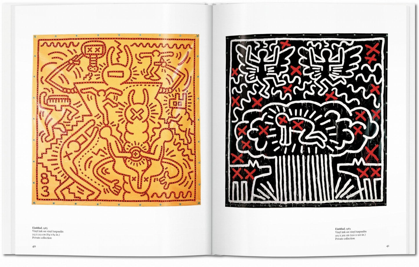 Interior spread from the Keith Haring TASCHEN book showing two Untitled 1983 vinyl ink on vinyl tarpaulin works, including a red orange dog and rabbit composition and a black white and red figure scene