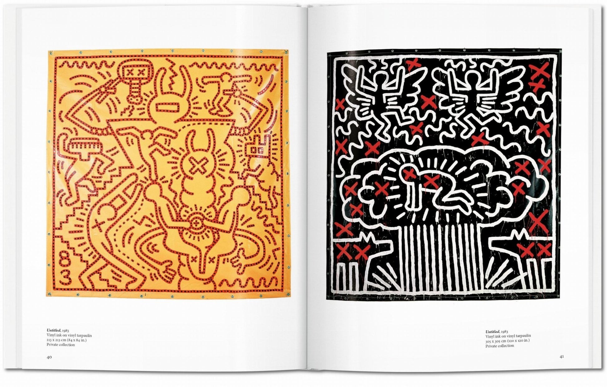 Interior spread from the Keith Haring TASCHEN book showing two Untitled 1983 vinyl ink on vinyl tarpaulin works, including a red orange dog and rabbit composition and a black white and red figure scene
