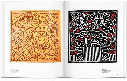 Interior spread from the Keith Haring TASCHEN book showing two Untitled 1983 vinyl ink on vinyl tarpaulin works, including a red orange dog and rabbit composition and a black white and red figure scene