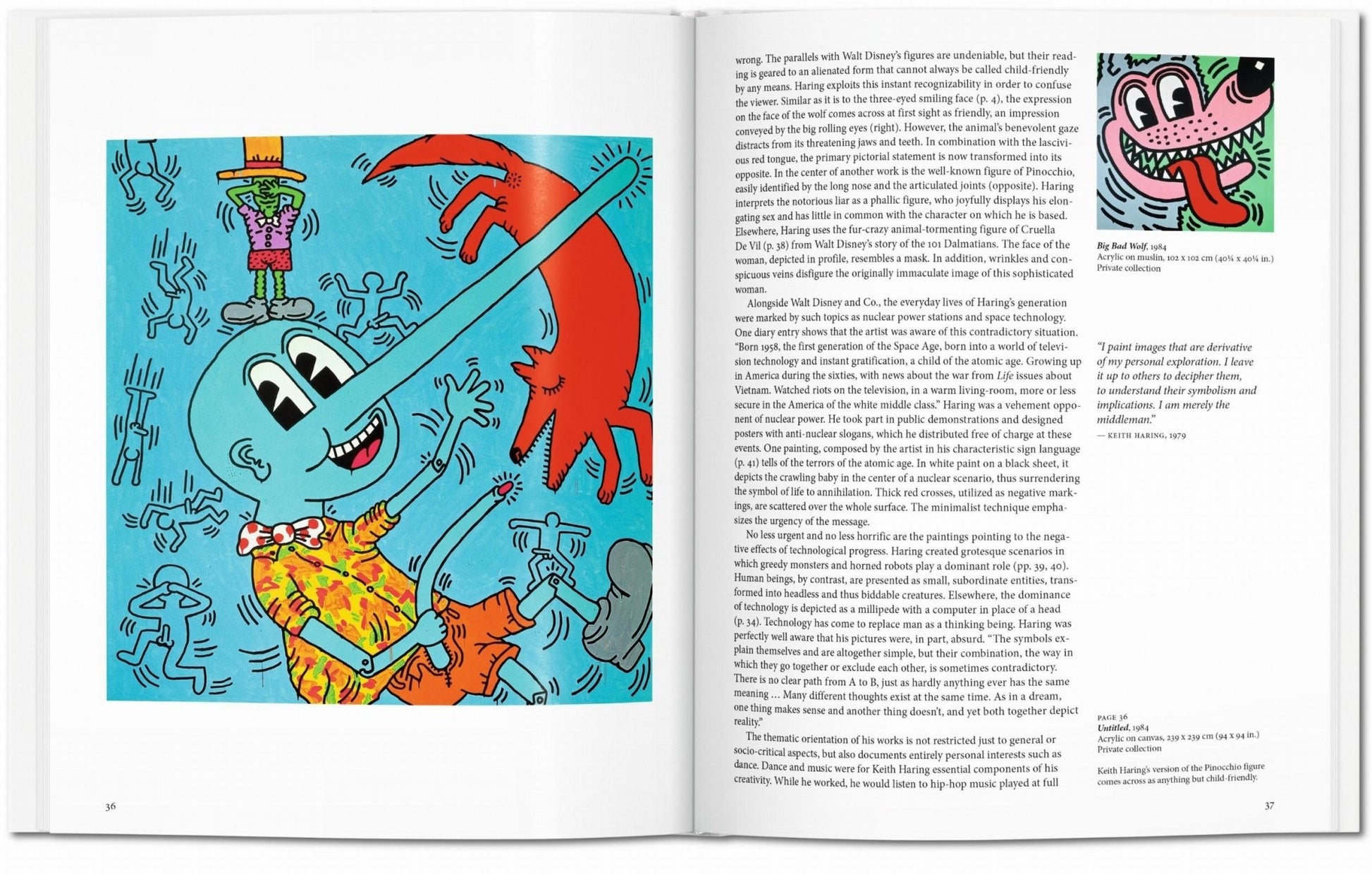 Interior spread from the Keith Haring TASCHEN book featuring Untitled 1984, a large Pinocchio-inspired figure with an elongated nose and dog, alongside Big Bad Wolf 1984 and text on Walt Disney influence in Haring’s work