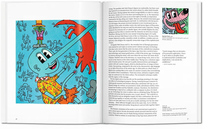 Interior spread from the Keith Haring TASCHEN book featuring Untitled 1984, a large Pinocchio-inspired figure with an elongated nose and dog, alongside Big Bad Wolf 1984 and text on Walt Disney influence in Haring’s work