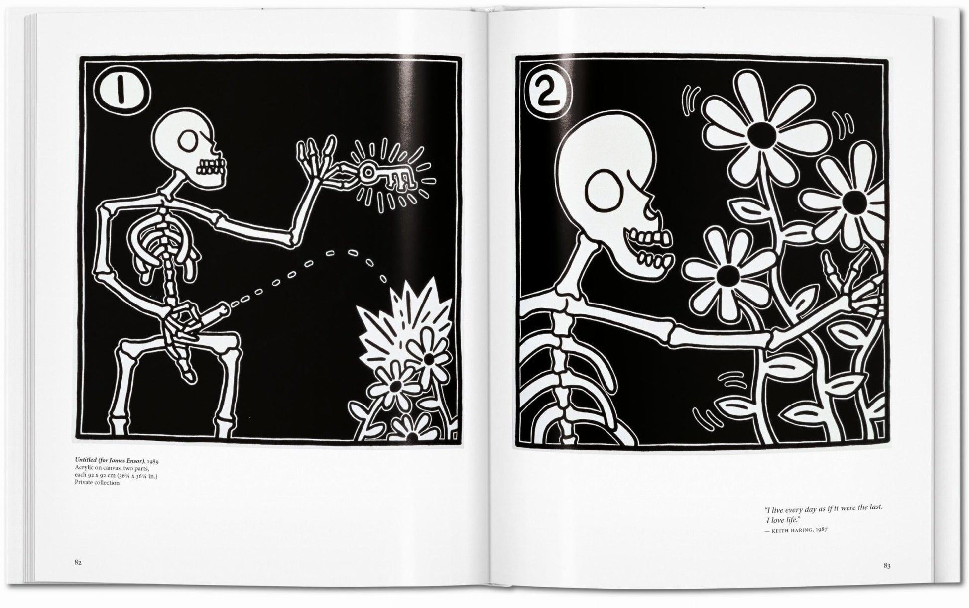 Interior spread from the Keith Haring TASCHEN book showing Untitled for James Ensor 1989, a two-part black and white skeleton and flower painting with numbered panels and a Keith Haring quote
