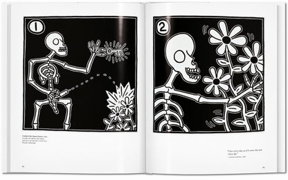 Interior spread from the Keith Haring TASCHEN book showing Untitled for James Ensor 1989, a two-part black and white skeleton and flower painting with numbered panels and a Keith Haring quote