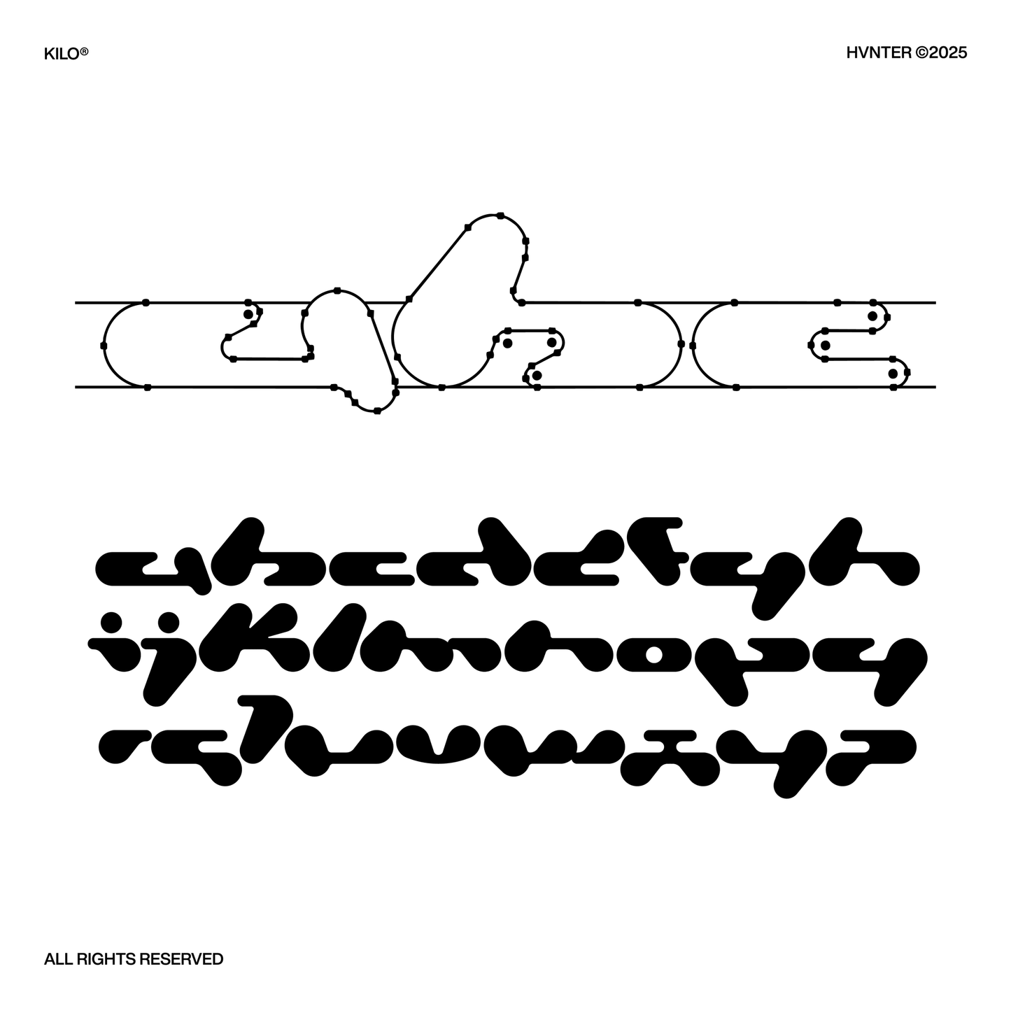 KILO typeface glyph construction showing vector paths and organic letterform structure