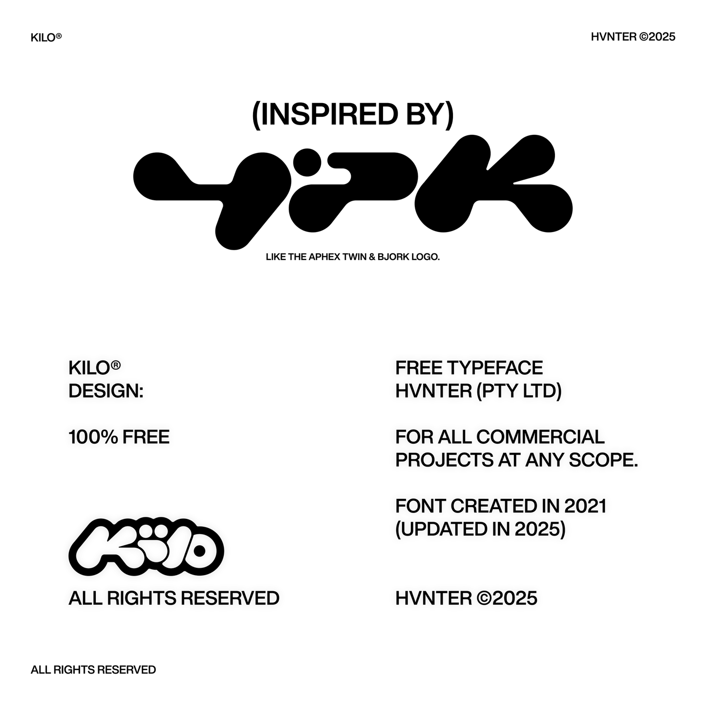 KILO free display typeface overview showing licensing, inspiration, and design details by HVNTER