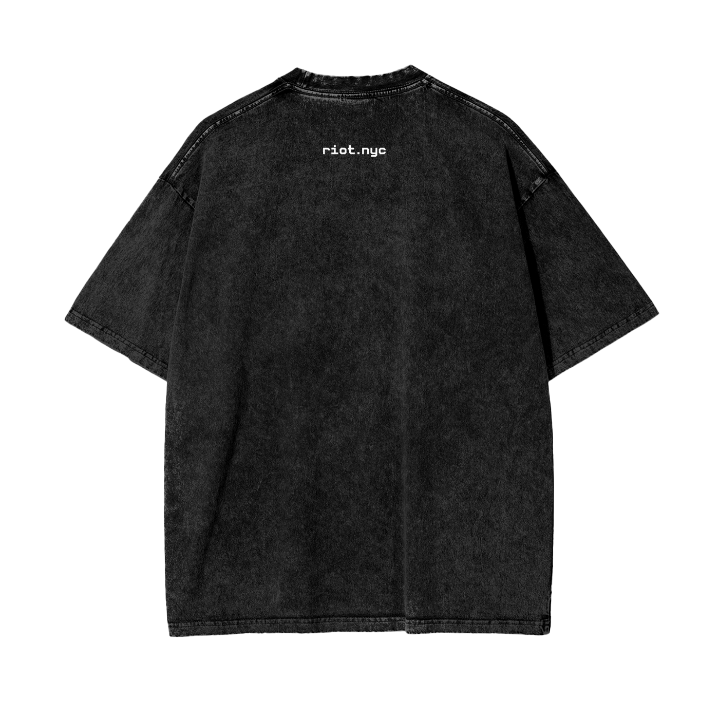 Back of black snow-washed oversized t-shirt with white riot.nyc text below collar