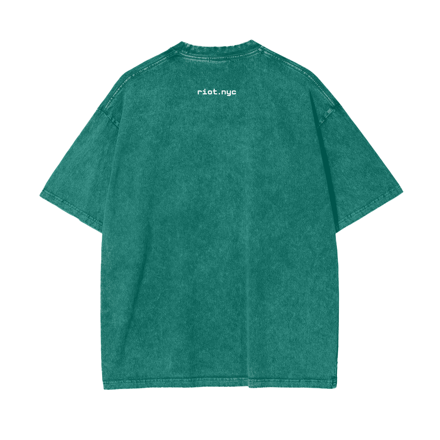 Back of dark green snow-washed oversized t-shirt with white riot.nyc text below collar