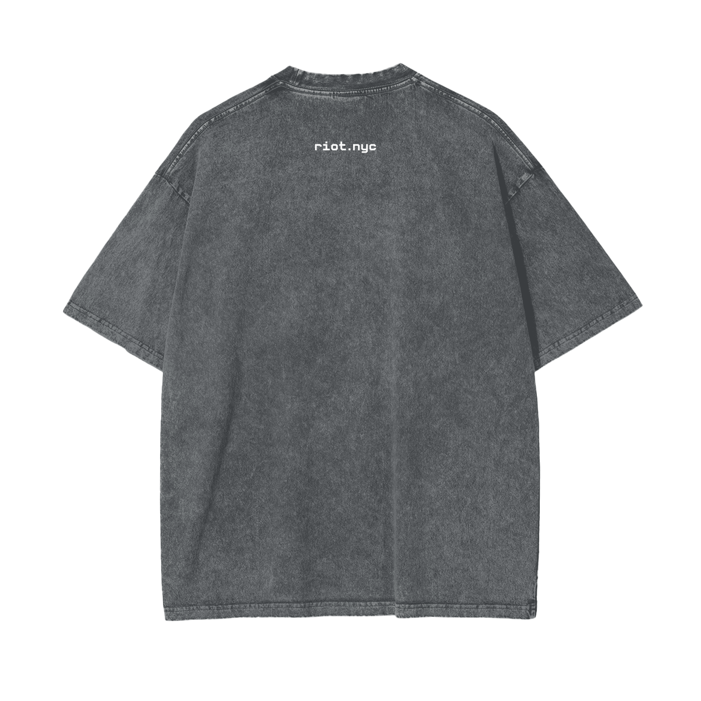 Back of pirate gray snow-washed oversized t-shirt with white riot.nyc text below collar