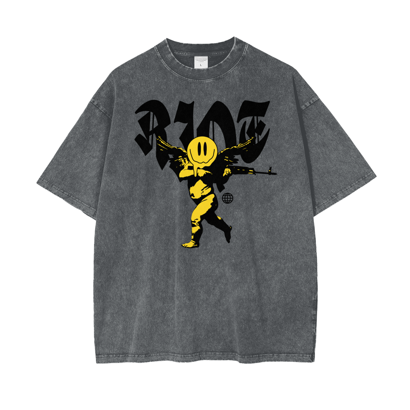 Front of pirate gray snow-washed oversized t-shirt featuring smiley cherub graphic and RIOT lettering
