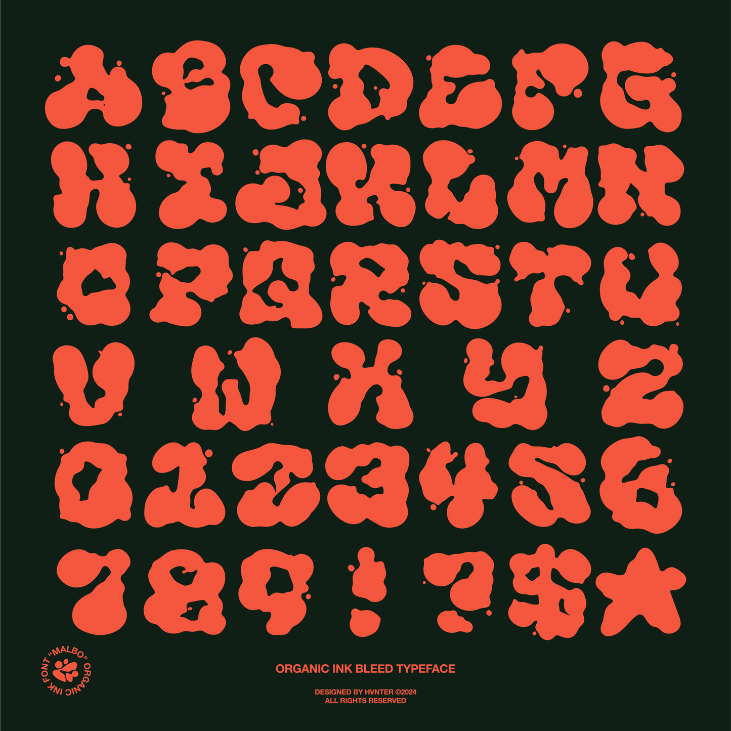 A-Z alphabet preview of Malbo Typeface in bold blob lettering