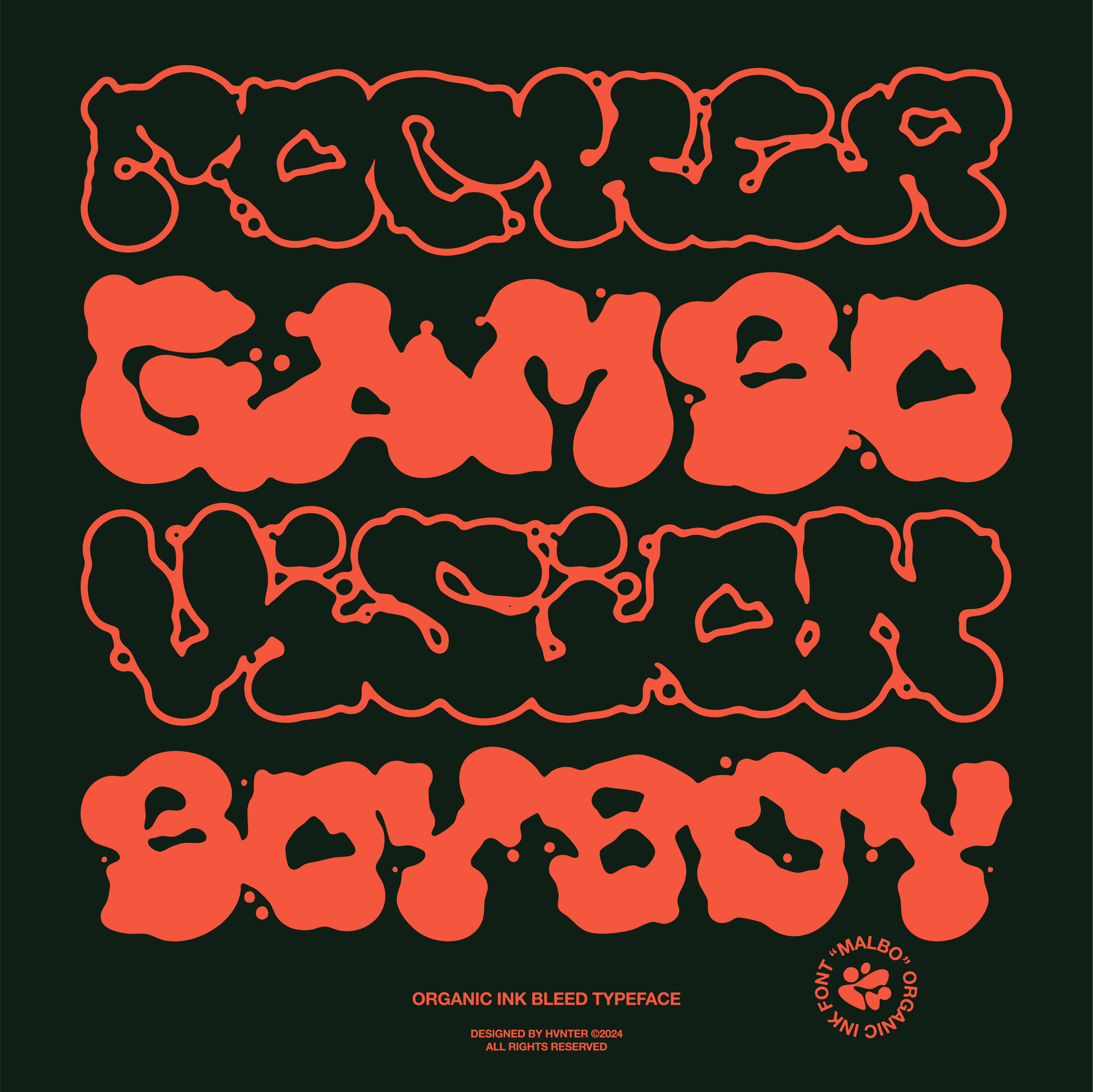 Malbo Typeface text samples in dripping organic ink style