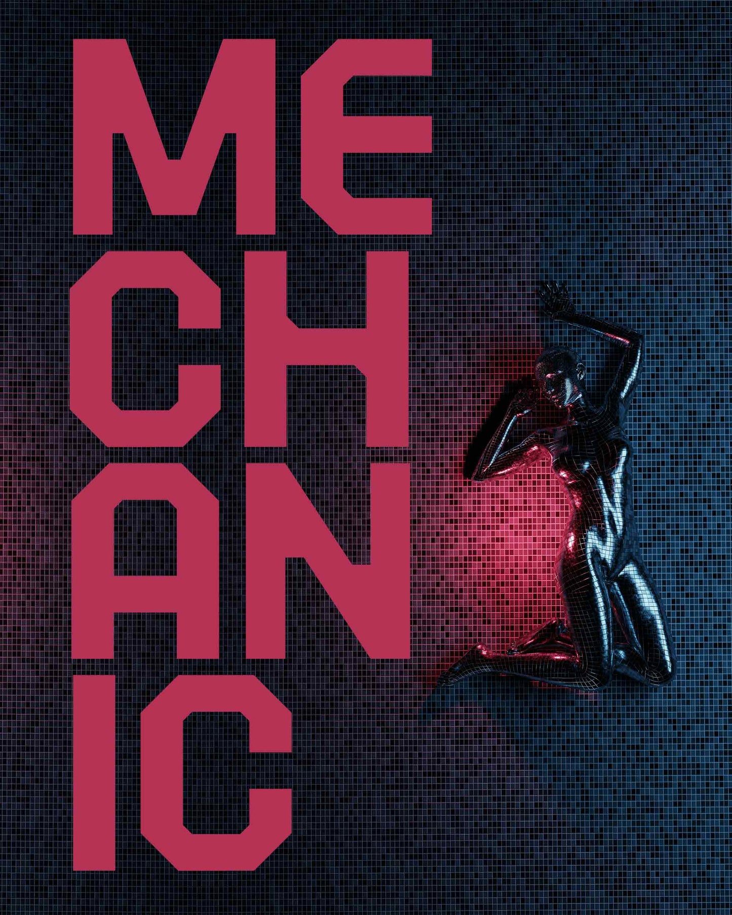 MECHANIC typeface poster with red bold lettering and a chrome figure against a tiled wall