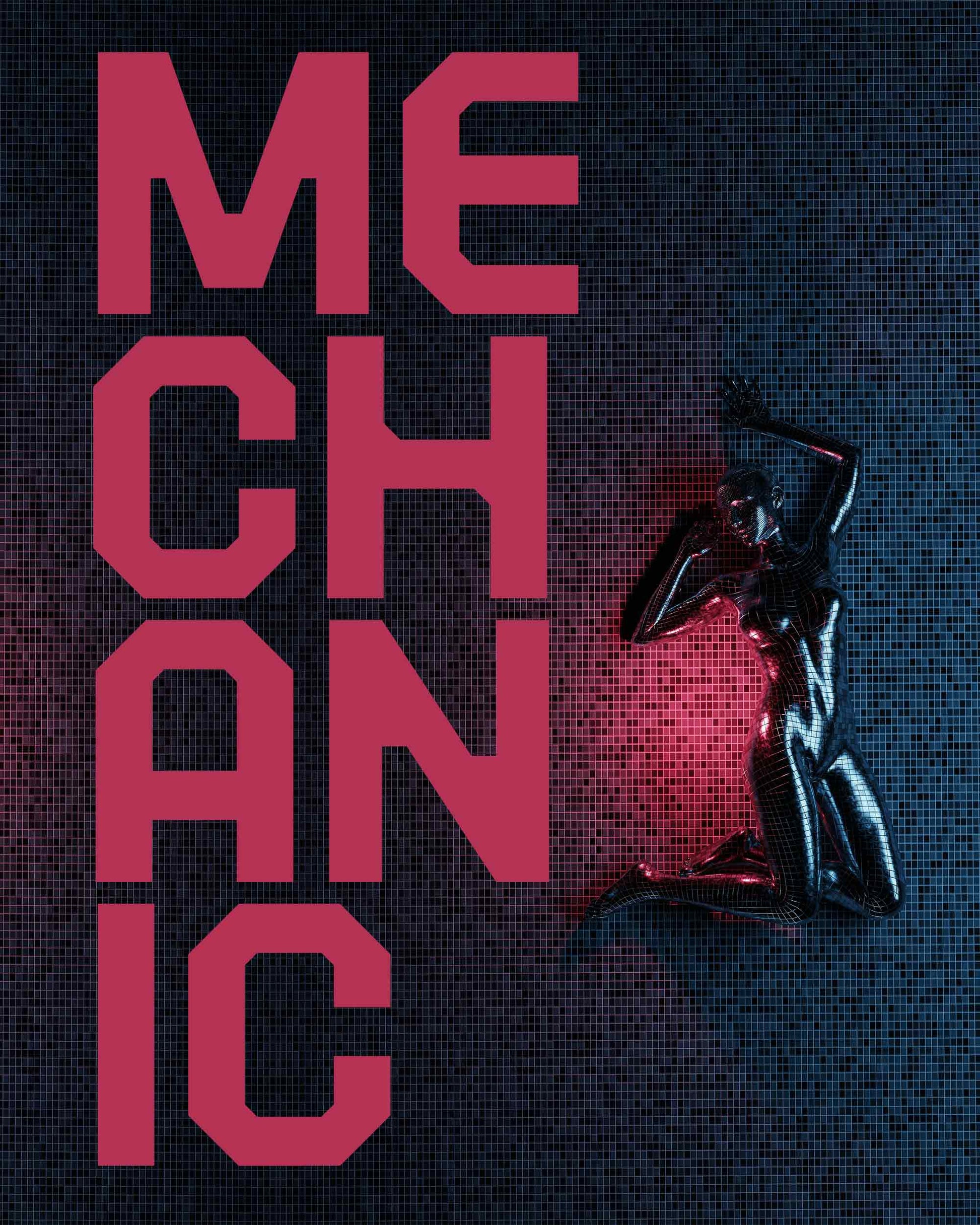 MECHANIC typeface poster with red bold lettering and a chrome figure against a tiled wall