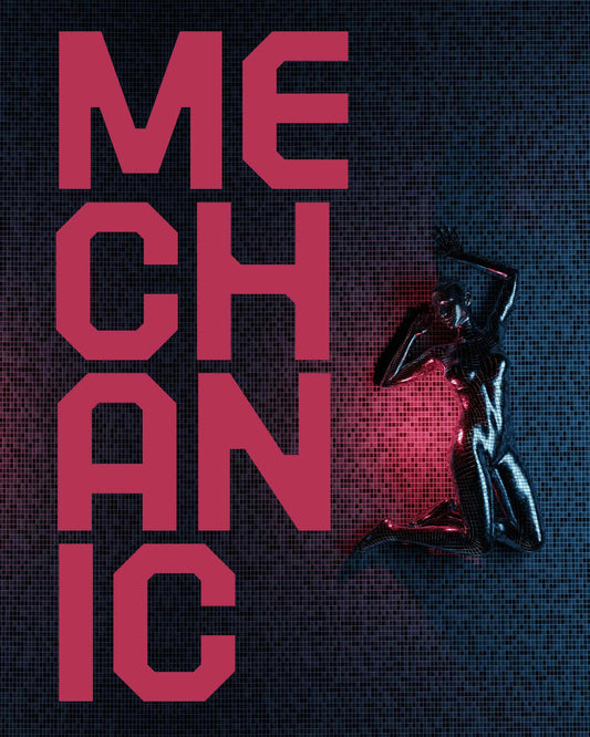 MECHANIC typeface poster with red bold lettering and a chrome figure against a tiled wall