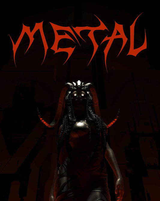 Stylized demonic figure beneath “Metal” title in spiked typography