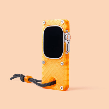 miniphone ultra orange Apple Watch Ultra case front angled view with black lanyard