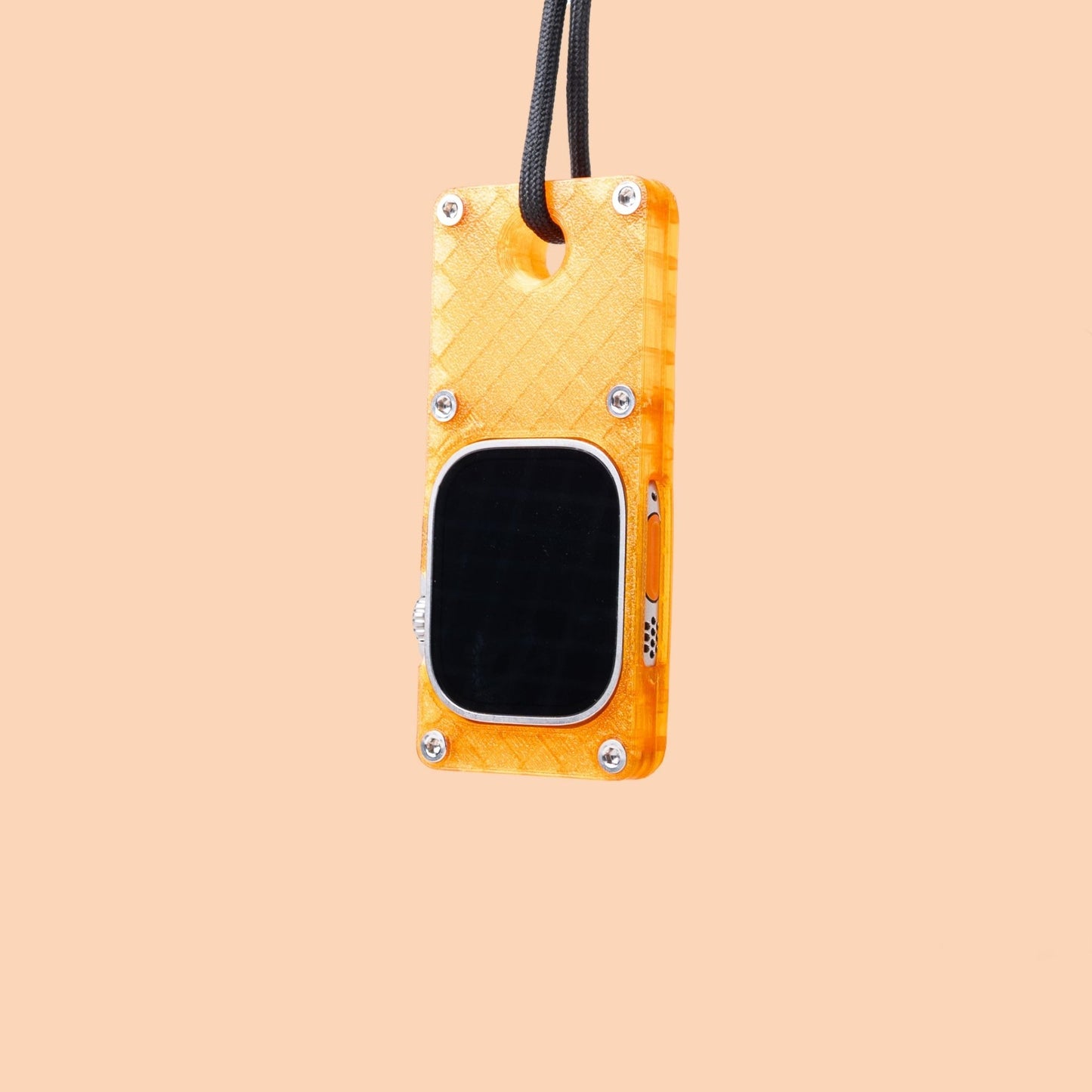 miniphone ultra orange Apple Watch Ultra case hanging with black lanyard