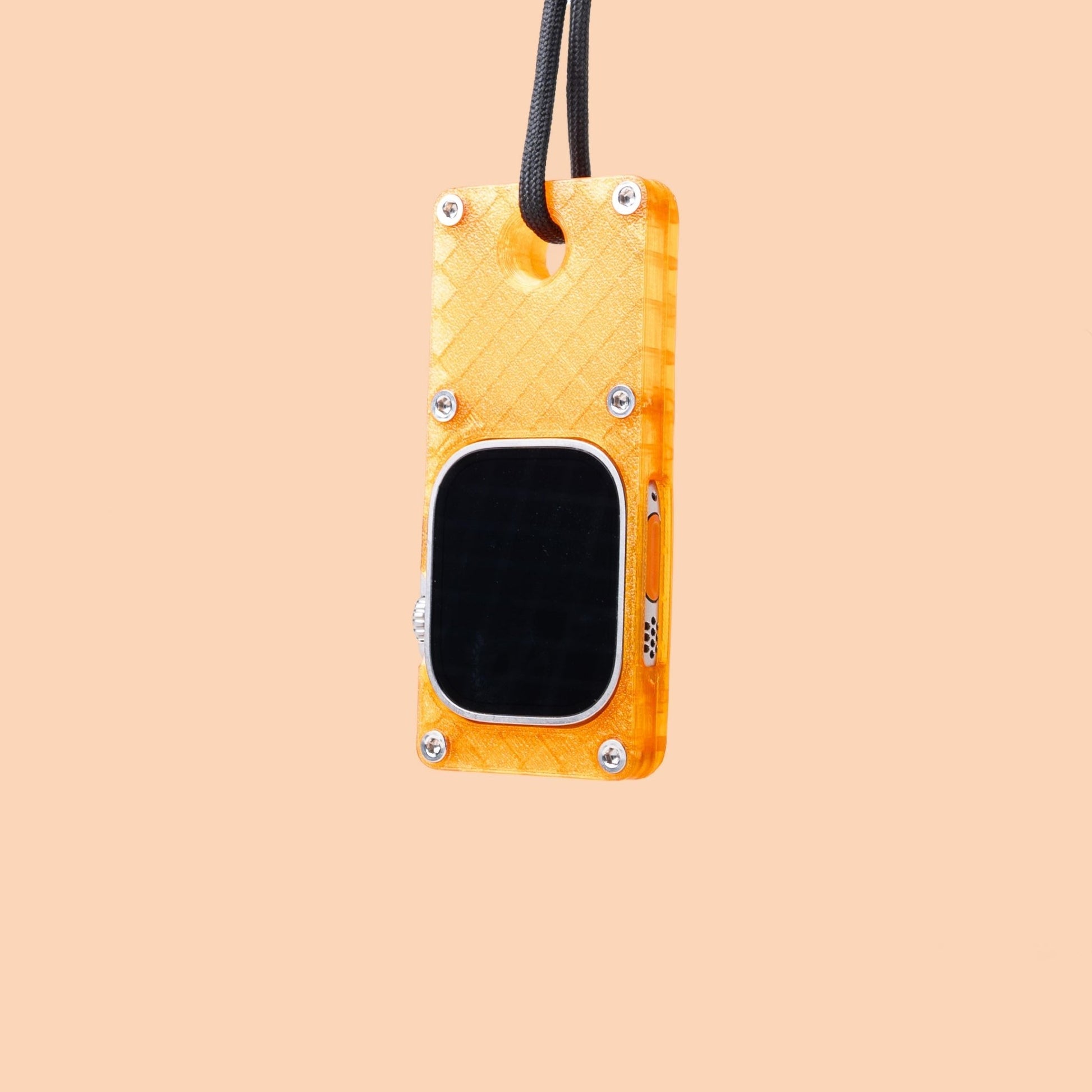 miniphone ultra orange Apple Watch Ultra case hanging with black lanyard