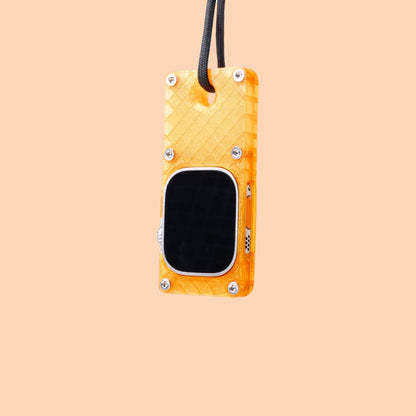 miniphone ultra orange Apple Watch Ultra case hanging with black lanyard