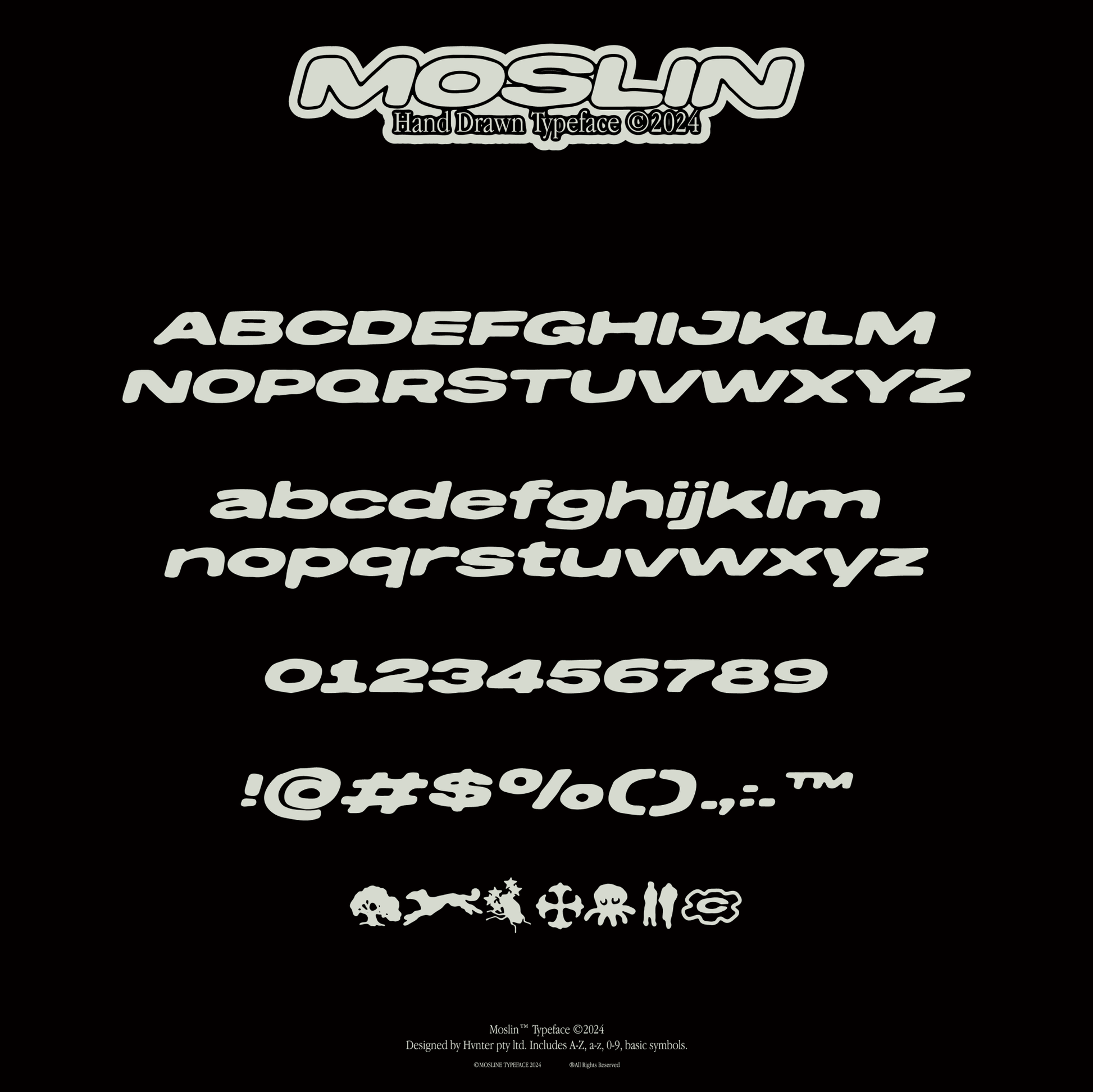 Moslin hand drawn display font full character set including uppercase lowercase numbers symbols and bonus glyphs