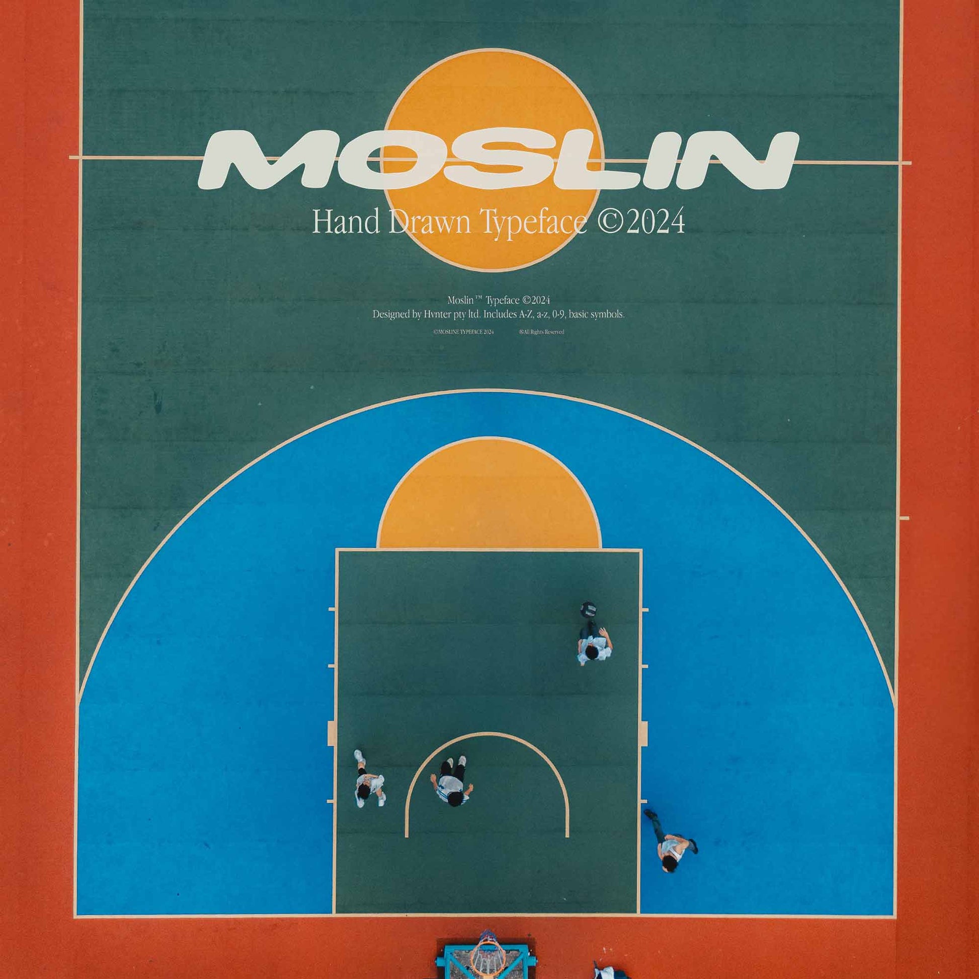 Moslin hand drawn typeface displayed over colorful basketball court background with bold rounded lettering