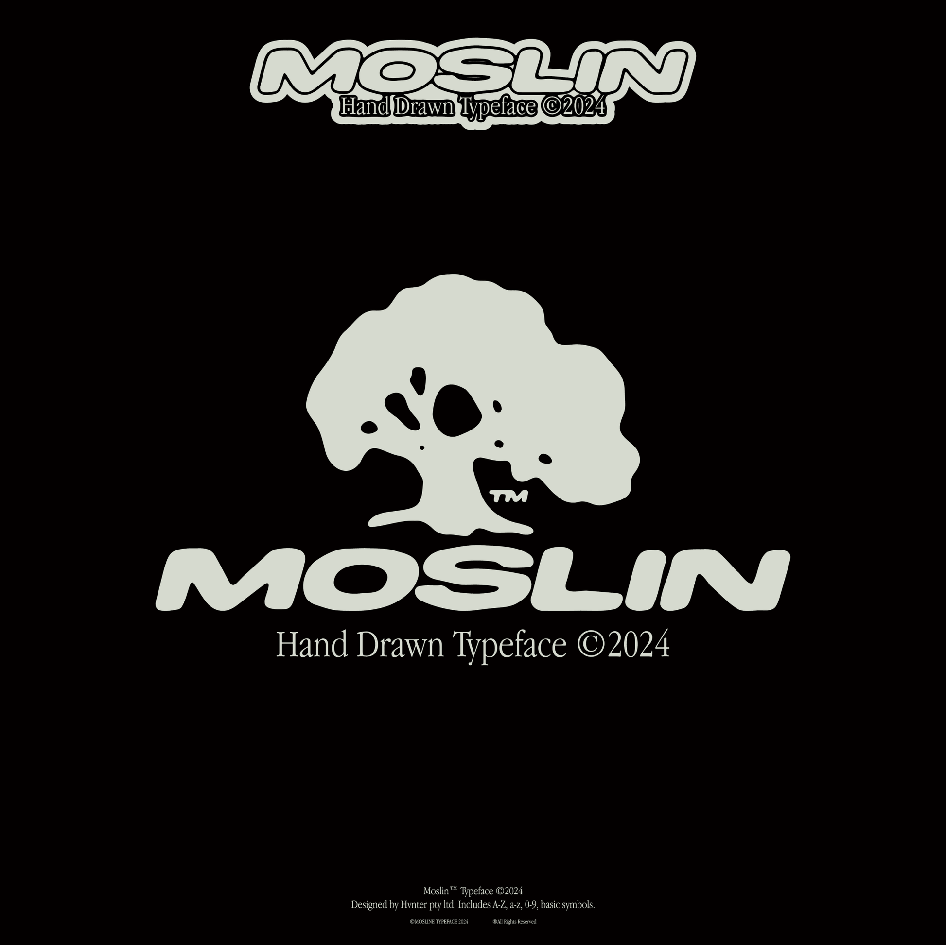 Moslin hand drawn typeface logo with custom tree mark symbol on black background