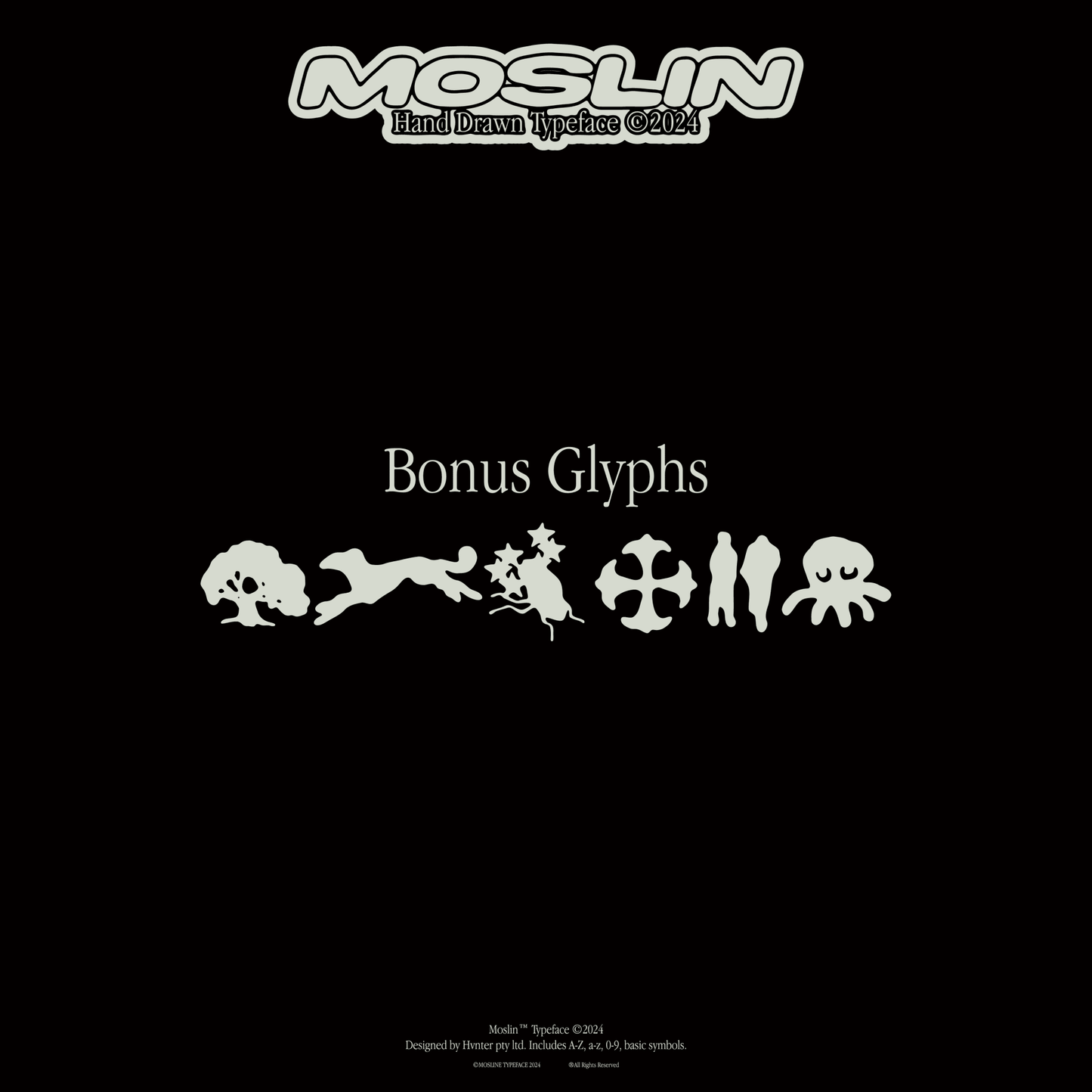 Moslin typeface bonus glyph icons including tree star character cross symbol figures and octopus illustration