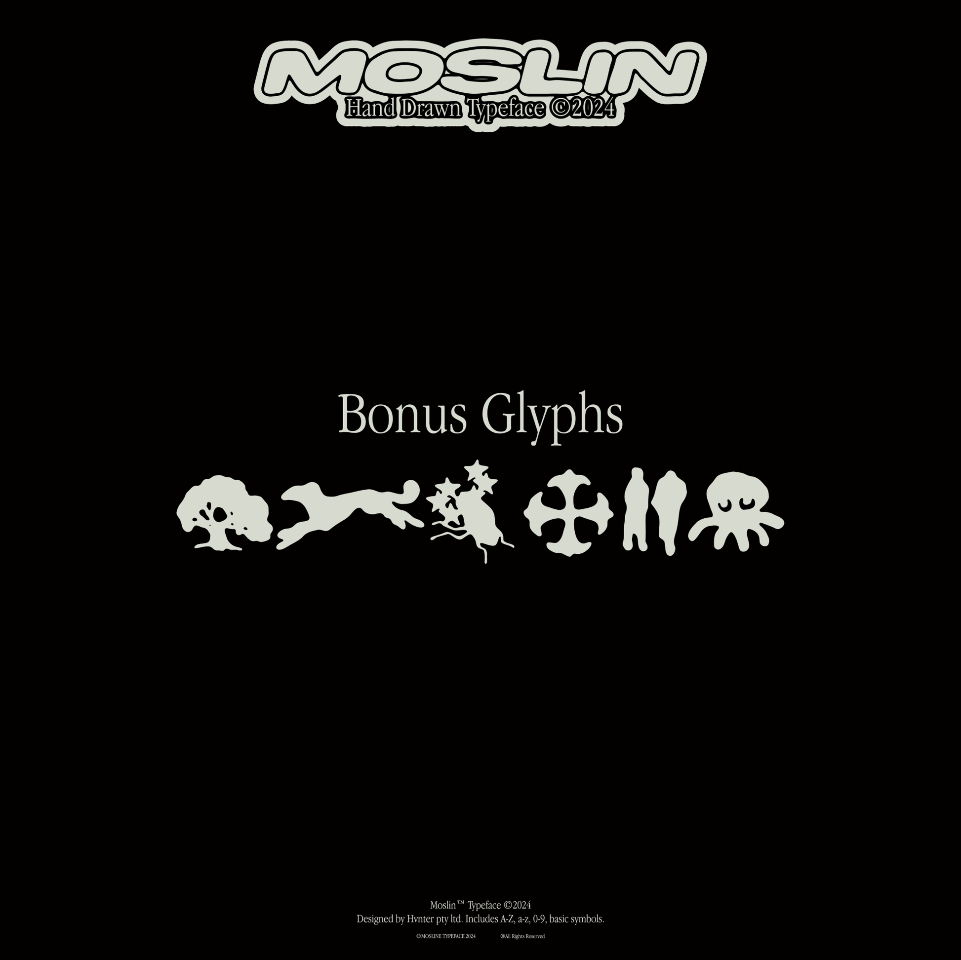 Moslin typeface bonus glyph icons including tree star character cross symbol figures and octopus illustration