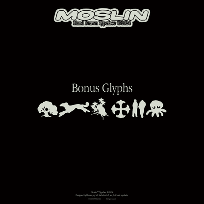 Moslin typeface bonus glyph icons including tree star character cross symbol figures and octopus illustration