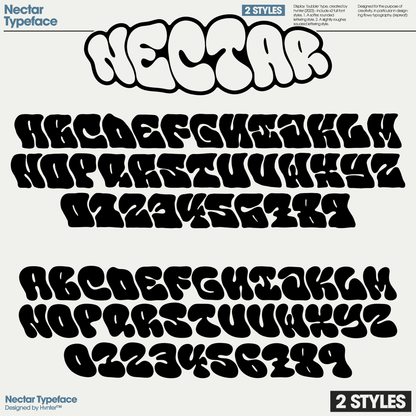 Nectar typeface full alphabet preview showing hard and soft bubble lettering styles