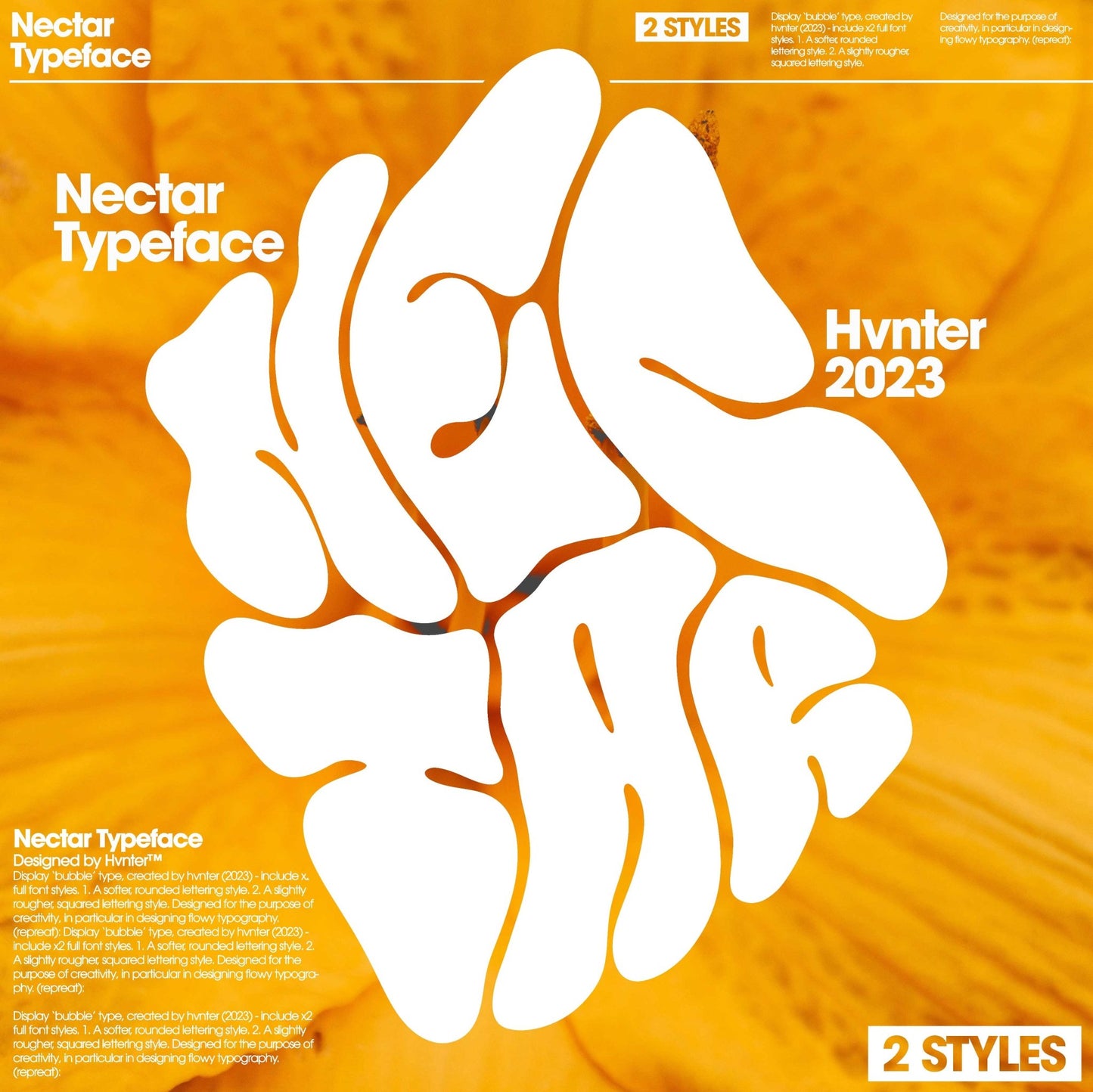 Nectar typeface by Hvnter featuring bold white hand-drawn bubble lettering over a golden honey background