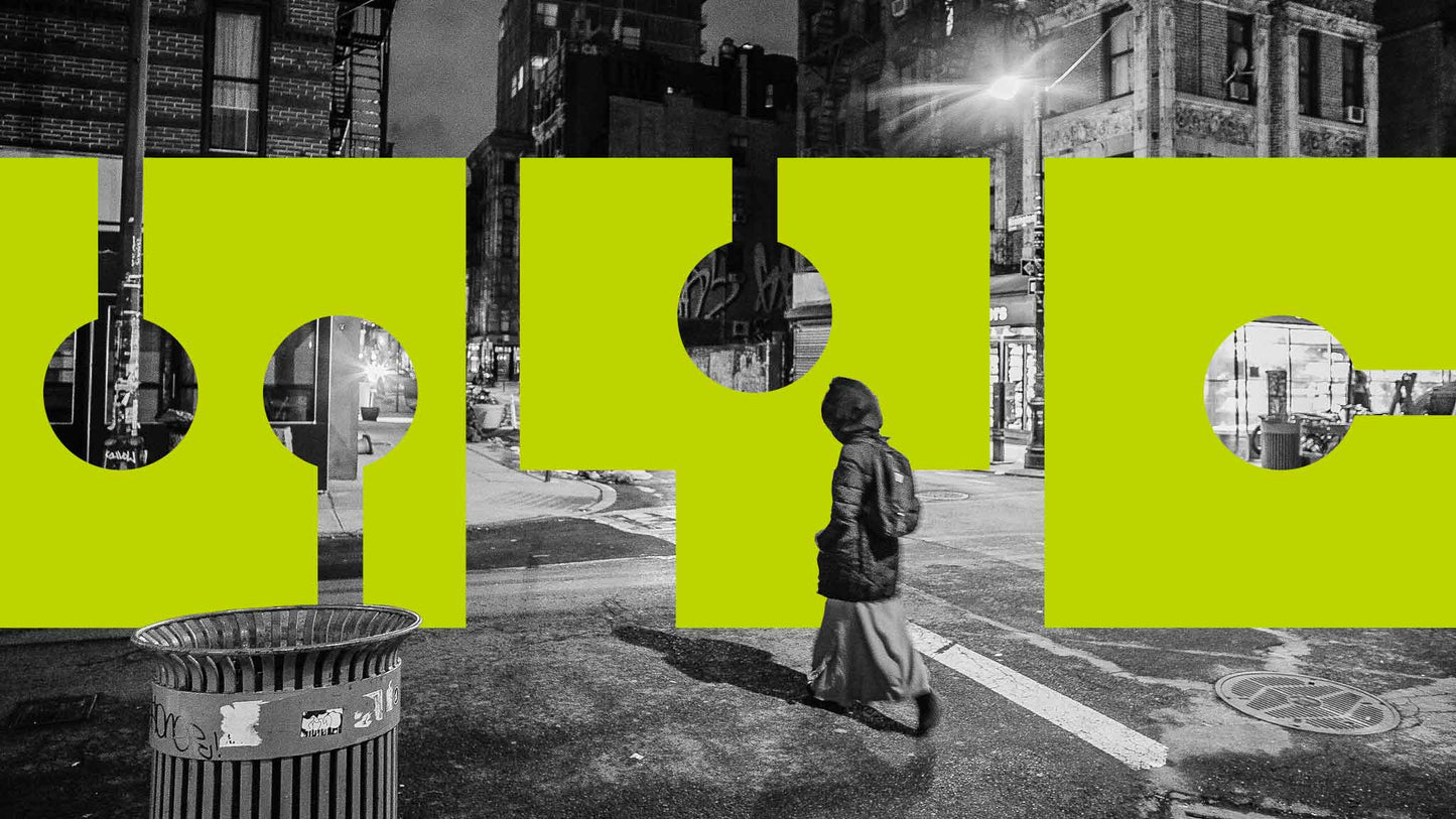 NYC street scene in black and white with neon green neo-brutalist shapes layered over a pedestrian crossing