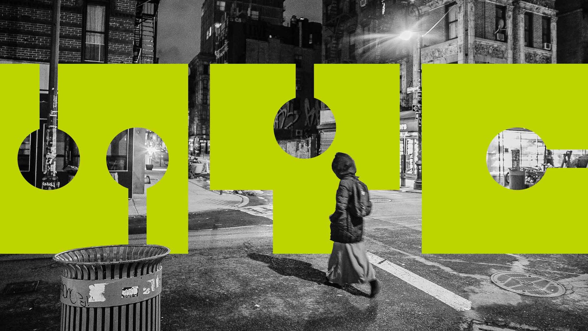 NYC street scene in black and white with neon green neo-brutalist shapes layered over a pedestrian crossing