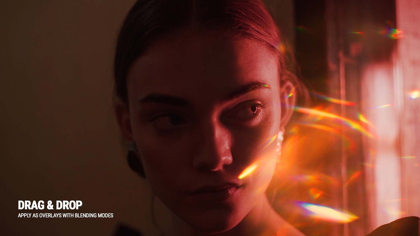 Portrait with Prism Effects Vol. I overlay applied, showing colorful prism light leaks and rainbow flare distortion