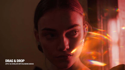 Portrait with Prism Effects Vol. I overlay applied, showing colorful prism light leaks and rainbow flare distortion