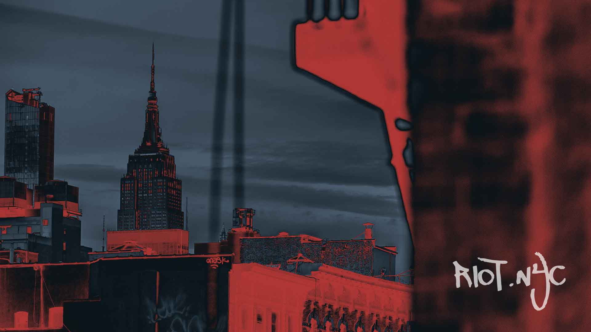 NYC rooftops with red gradient overlay and RIOT.NYC tag in graffiti style