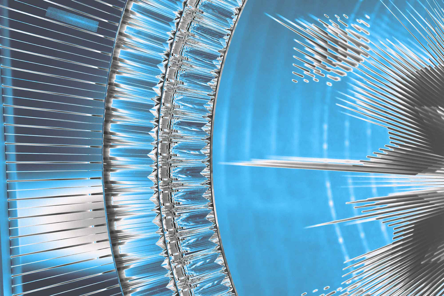 Close-up of abstract crystal structure with icy blue gradient overlay and radial spiked shapes