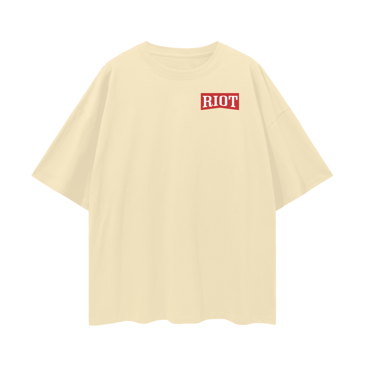 Front of light apricot oversized t-shirt with red RIOT chest logo